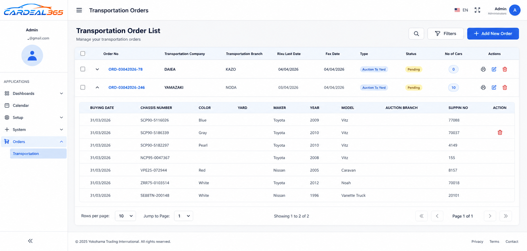 Transportation Order List Detail